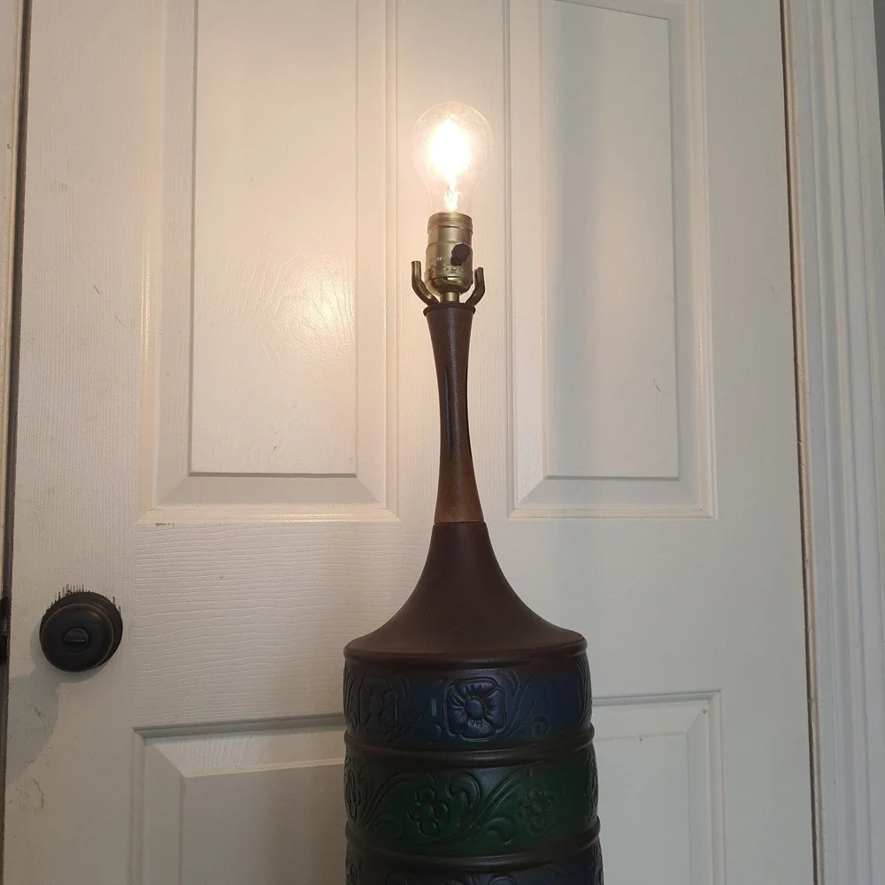 Vintage Embossed Ceramic Lamp Base – Blue & Green Floral Bands – Mid-Century
